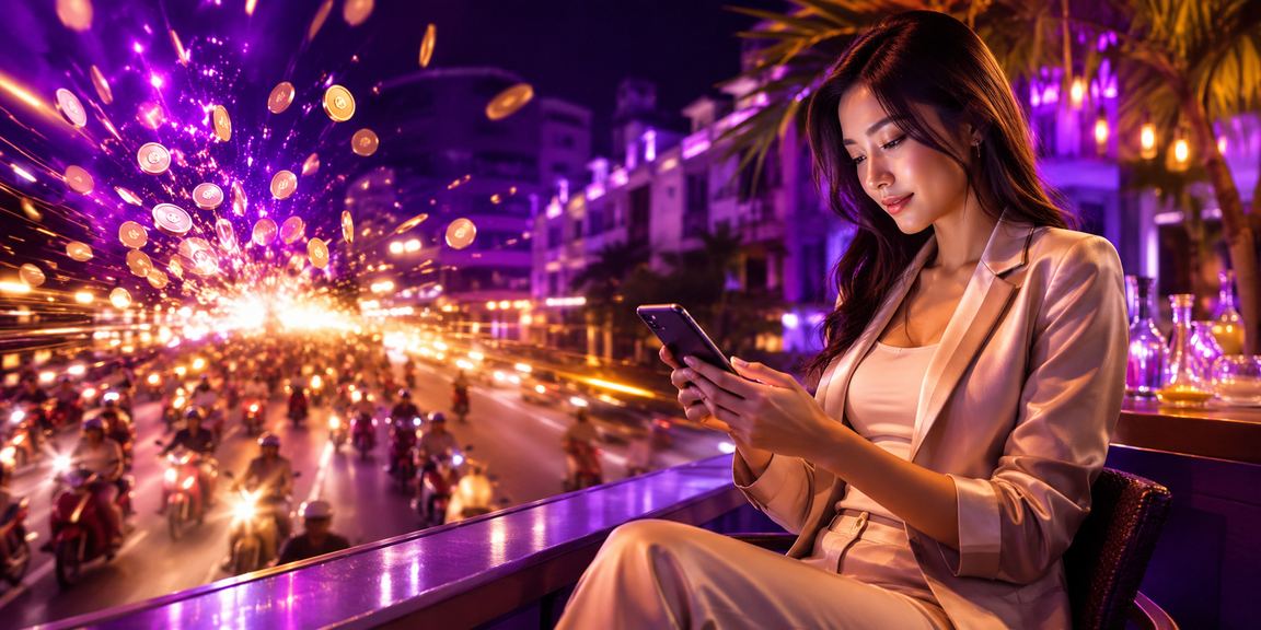 Người dùng Hà Nội sử dụng ứng dụng casino trên điện thoại với hiệu ứng neon về đêm