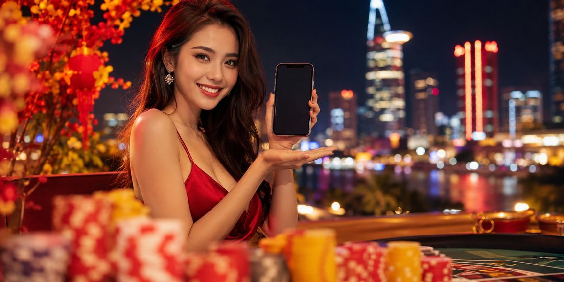 Người dùng tại TP. Hồ Chí Minh trải nghiệm casino di động ban đêm với ánh đèn neon sôi động
