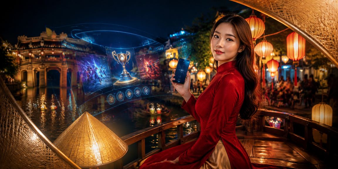 Người chơi esports tại Hội An mặc áo dài truyền thống theo dõi kèo cược LMHT trên điện thoại